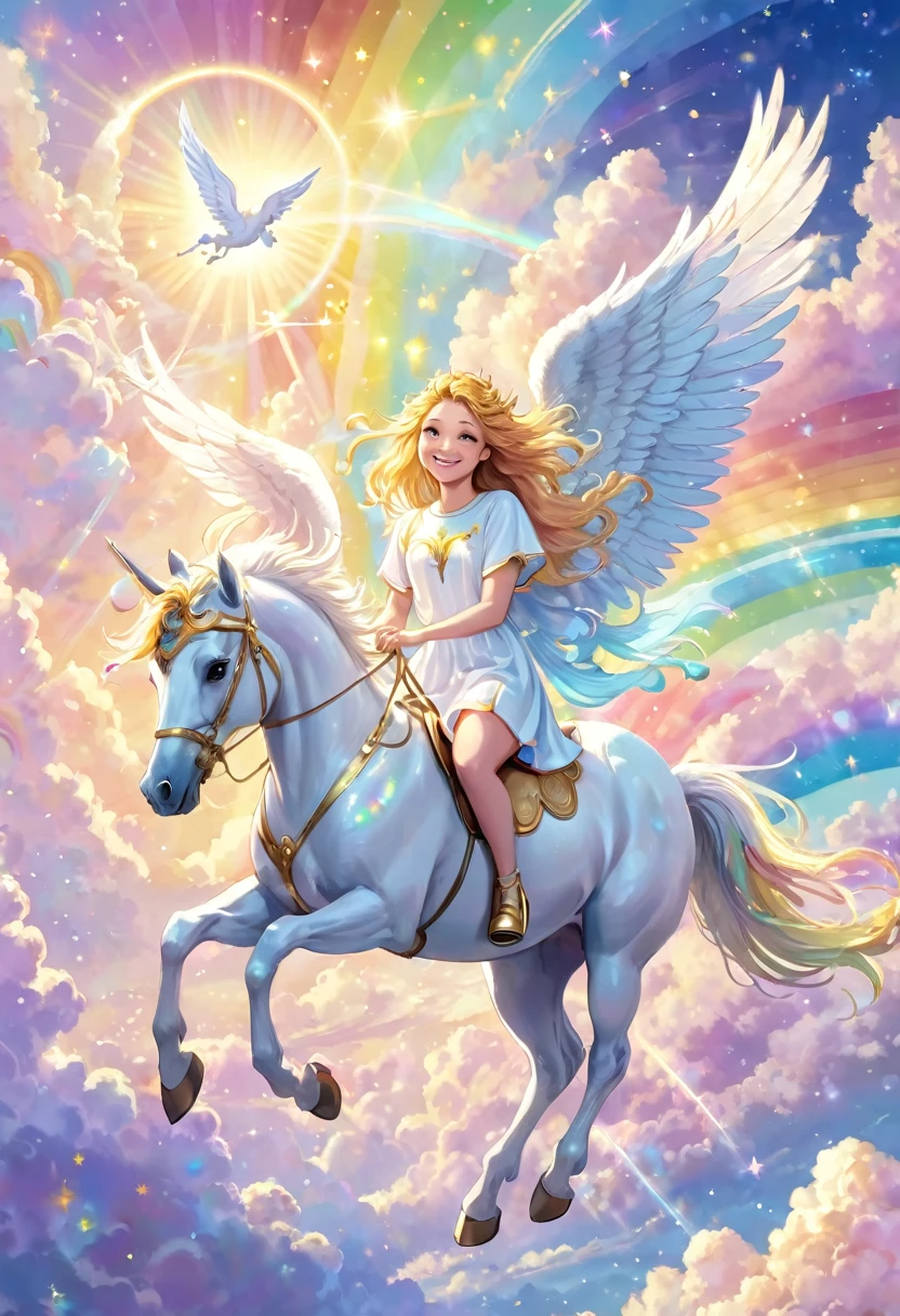 A white Pegasus flying in the sky with a pastel rainbow, a smiling girl angel is riding a Pegasus, joy, happiness, Pegasus has golden standing hair, sacred, clouds, shooting stars, fine grains of light, perfection lighting