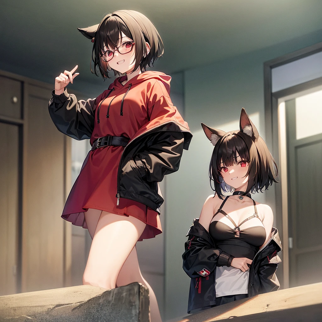 1 girls, mature female, very short hair, hime cut, parted bangs, light brown hair, streaked hair, evil grin, animal ears, ,p, large breasts, deep red eyes, red bow, kunder-rim eyewear, fur trim, jacket|hoodie, black gauze skirt, black footwear, black legwear, aqua Clothes, dusk, dusk sky,