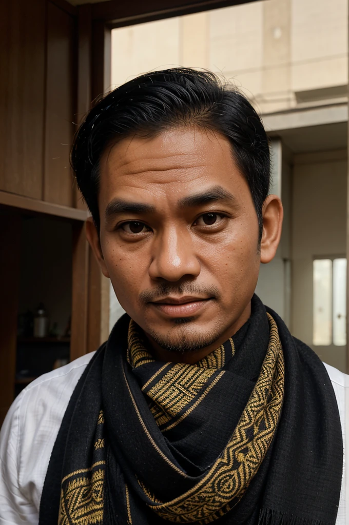 4D caricature of Indonesian man, big head, and hands, slanted eyes, short black hair parted on the side, aged 40, wearing a Timorese motif scarf, with the words "lit my doctor" clear lighting