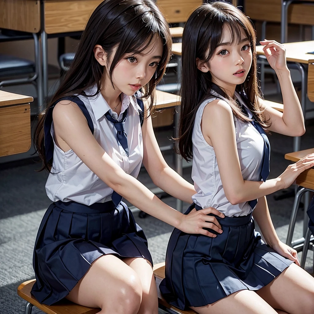 Many japanese girls in class wearing sleeveless school uniform