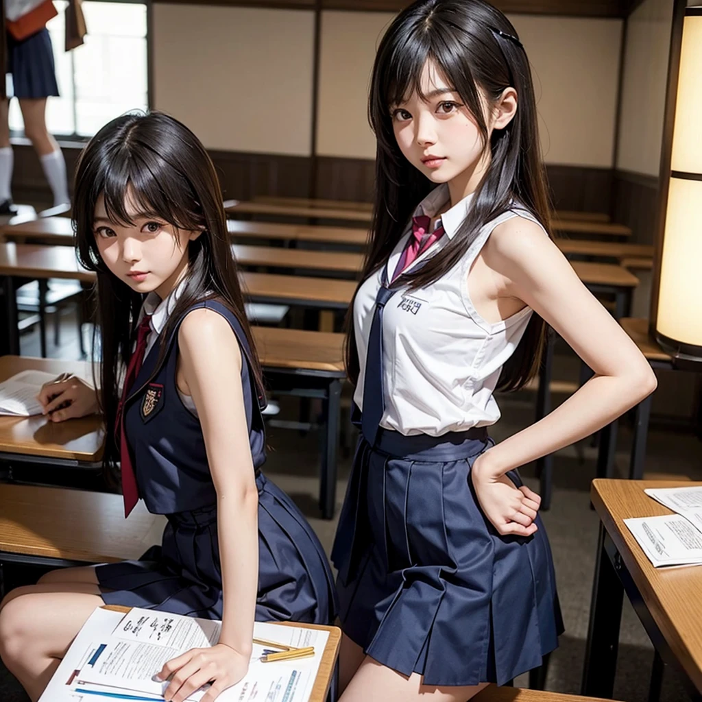 Many japanese girls in class wearing sleeveless school uniform