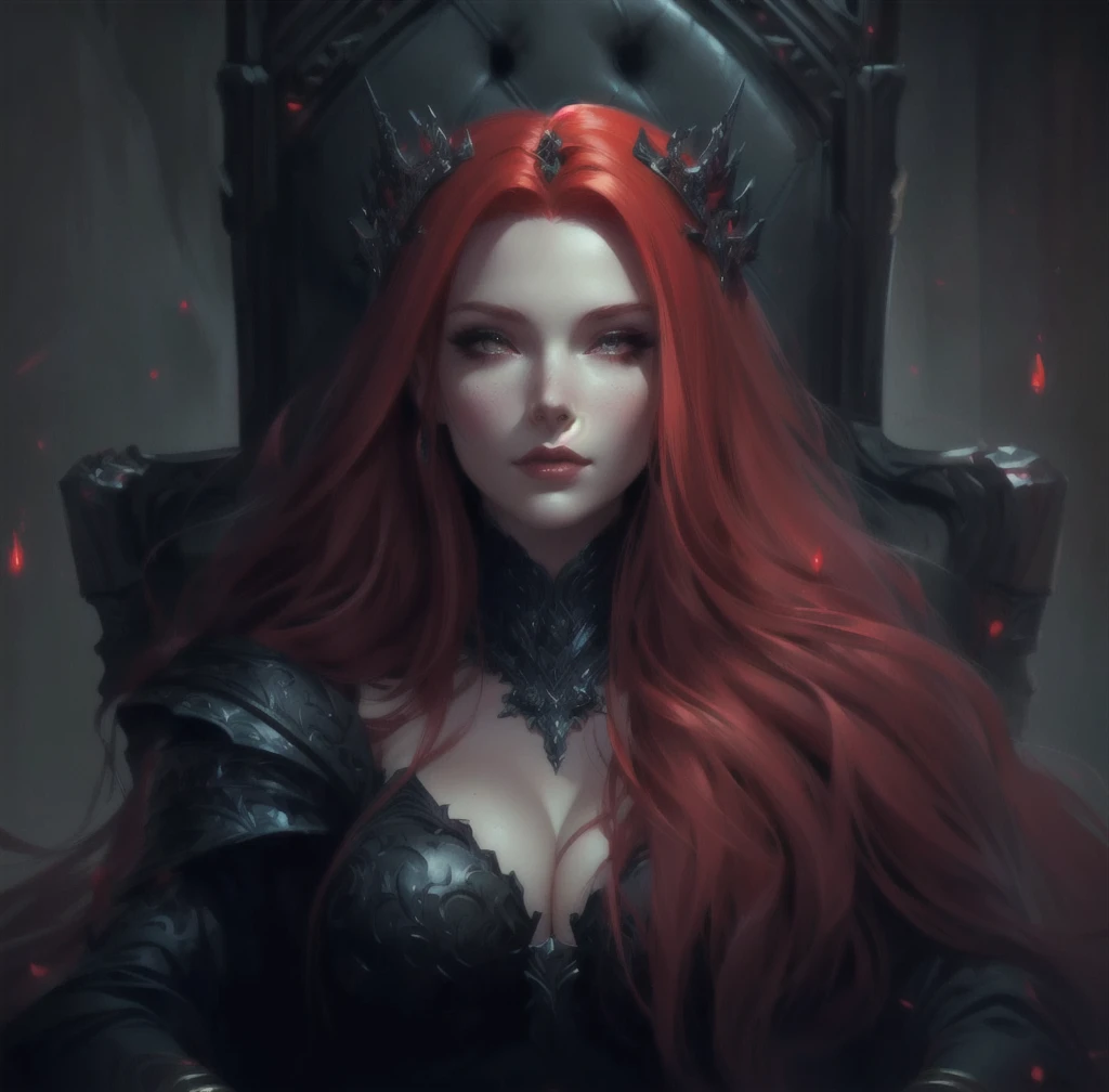 a close up of a woman with red hair sitting in a chair, huge tits, dark fantasy style art, redhead queen in heavy red armor, charlie bowater rich deep colors, epic fantasy art style, beautiful elegant demon queen, queen of the underworld, in style of dark fantasy art, charlie bowater character art, neoartcore and charlie bowater, dark fantasy art