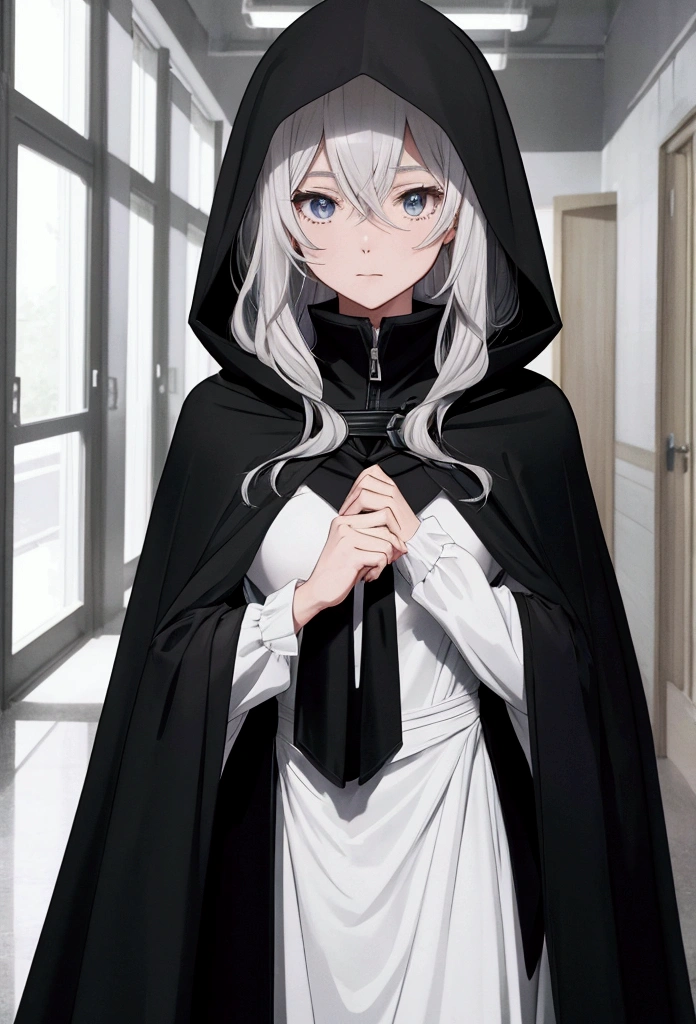 a black cape with a hood without details and does not reveal what is underneath anime style in the hallway of a very very dark school ( only the layer that does not show what I left there )