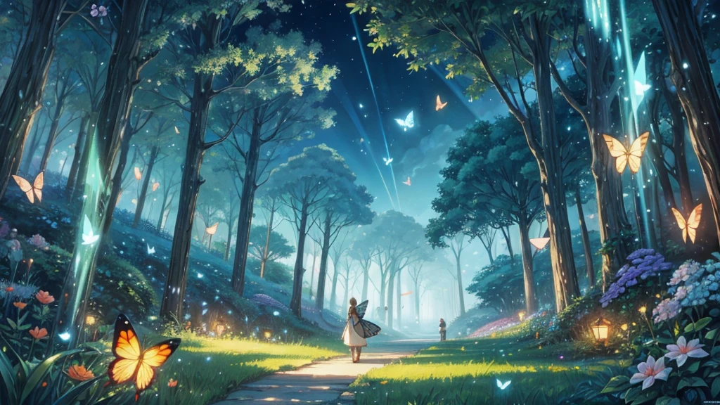 Studio ghibli, enchanted landscapes with lights , butterflies, fireflies, etc