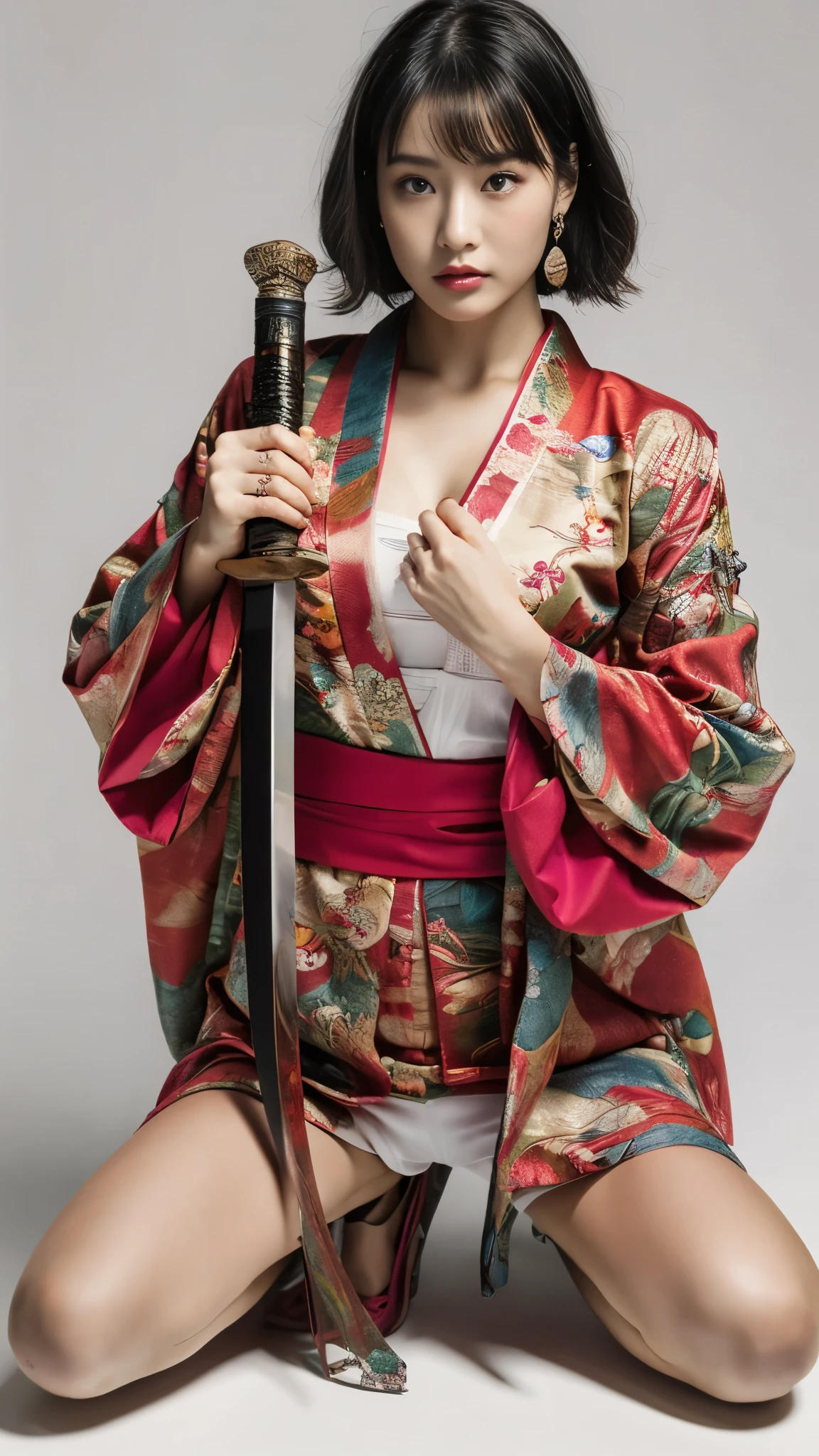 Beautiful Chinese woman, (), cute face, red lips, white moist skin, moles, under-eye bags,
BREAK,
Feminine body with high athletic ability, Body of a female fitness model, Feminine body with hard tones, (muscles: 1.2), (beautiful belly button),
BREAK,
Martial artist, Kung Fu fighter, Idol,
BREAK,
(wearing cute kimono: 1.3), (kimono with high exposure), (red long boots 1.3), necklace, very large earrings, short length,
BREAK,
Short hair, (short bob hair), (bangs: 1.2), (pink hair: 1.3), (wavy hair),
BREAK,
(very large Japanese sword: 1.4), (holding the handle of a Japanese sword in hand: 1.3), (raising a very large Japanese sword: 1.2), (taking a fighting stance),
BREAK,
(Japanese tattoo: 1.4),
BREAK,
Masterpiece, perfect lighting, Ultra high resolution, 8K, (highly detailed:1.4), (front view), looking at camera, melancholic expression,
BREAK,
(Tokyo city, lots of people in background), Japanese city background,