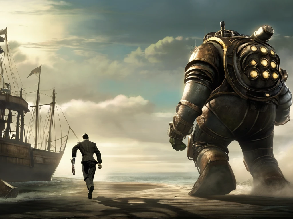 big daddy from bioshock running to the left in profile