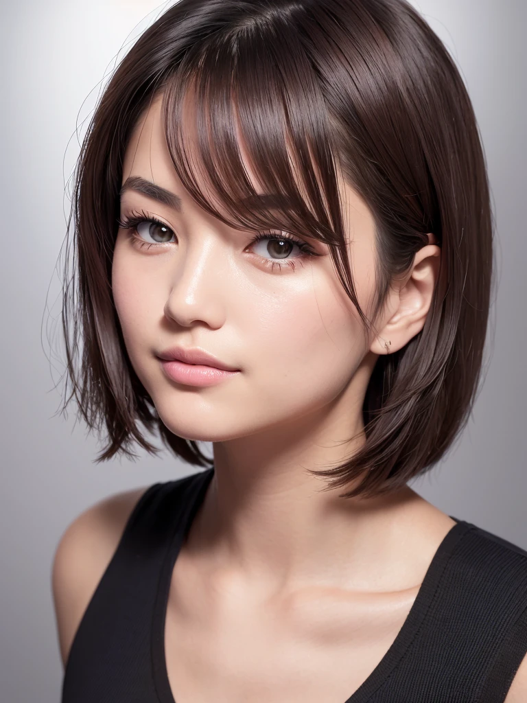 whiteroom, 1 person, Japanese woman, look at the camera, smile, H~I cup, model's expression, Create an AI-generated image of a beautiful woman with the following facial features: straight medium-length black hair, parted bangs, large almond-shaped brown eyes with double eyelids, slightly upturned outer eye corners, small straight nose with a high bridge, small and well-shaped mouth with thin lips, smooth fair skin, oval-shaped face with high cheekbones, and a gentle, approachable smile. The woman should have a natural makeup look, with well-defined but natural eyebrows, lightly applied pink lipstick, a hint of natural blush, and long curled eyelashes. The face should have balanced proportions, be symmetrical, and give a youthful and clean appearance. , Tank top, Shiny skin, Sweaty body, Dramatic lighting, Huge breath, (8K, 4K, Best Quality, High Definition, Ultra High Definition: 1.1), (Masterpiece, Realistic, Photorealistic: 1.1), #tarasuzuka24