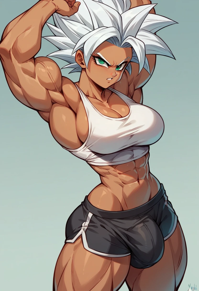 1futa, Saiyan, spiked white hair, green eyes, defined muscles, thin waist, wide hips, dark skin, medium breasts,with black shorts, white tank top,huge dick , your huge dick would be stretching your clothes, huge dick marking your clothes
