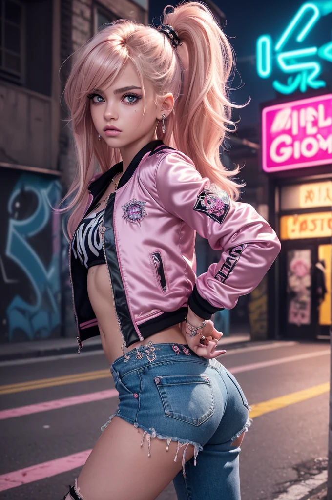 (Ultra-detailed eyes), (((textile shading))), (((Best Quality))), (((materpiece))), (((Ultra-detailed CG))), sassy 18 years old american girl, (((magical girl))), (Petite), (tiny chest), blonde wavy hair with pink streaks, ((gorgeous hair)), Pink eyes, (((punk girl, satin jacket, y2k ripped satin pants))), ((striking a pose)), (((Game CG)) (gorgeous, sassy, it girl), fancy jewelry, graffiti-covered walls,neon lights,vibrant colors,night scene,gritty atmosphere,4K, strong punk atmosphere, cowboy shot, midshot, centered image, eye on camera, daylight,sexy Ass,
