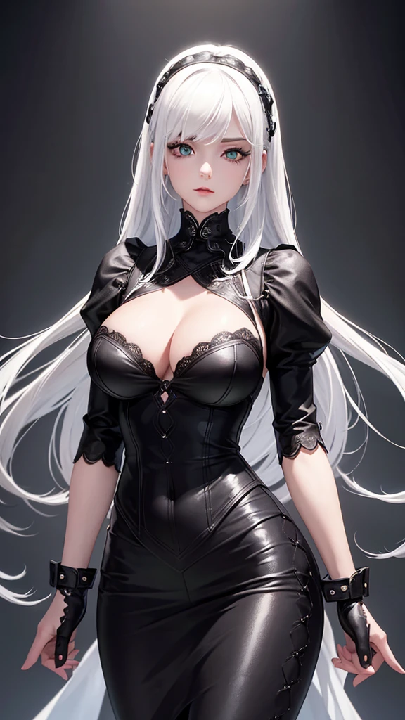 girl with white hair, black gloves, gothic,4K, masterpiece, perfect body, stem,perfect eyes, green eyes,perfect shading, perfect lighting, best quality, work of art, ultra detailed, detailed clothing