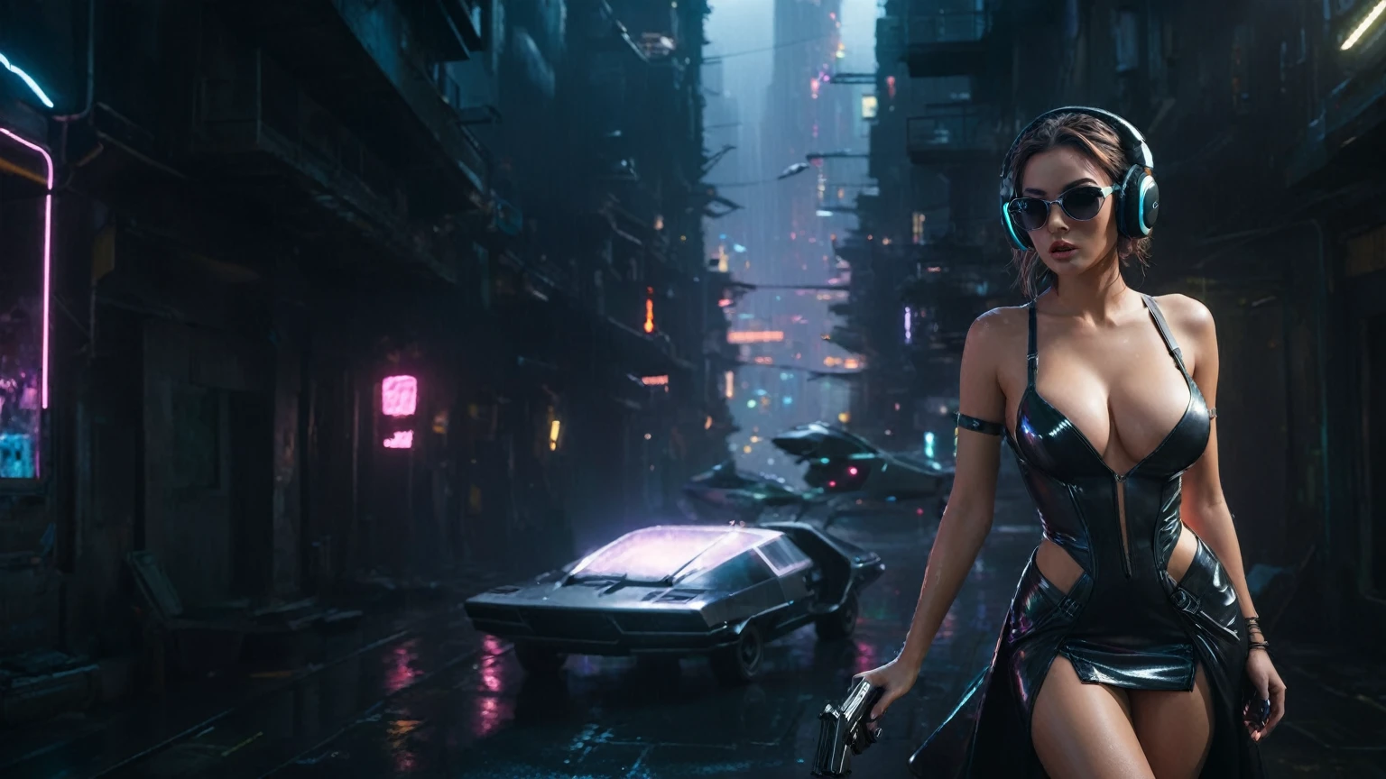 (aerial view, a flying cars docking platform, a very dark abandoned futuristic city, neon lights), rainy night. 1girl, solo, alone, large-breast:1.2 slim body, cleavage:1.1, sexy wind blowing wet dress:1.4, (headphone, black sunglasses), (((she raised:1.8 a pistol:1.8 and took aim))), dynamic pose, (((half-body thigh level medium shot))), cinematic lighting, lens flare, ray tracing.