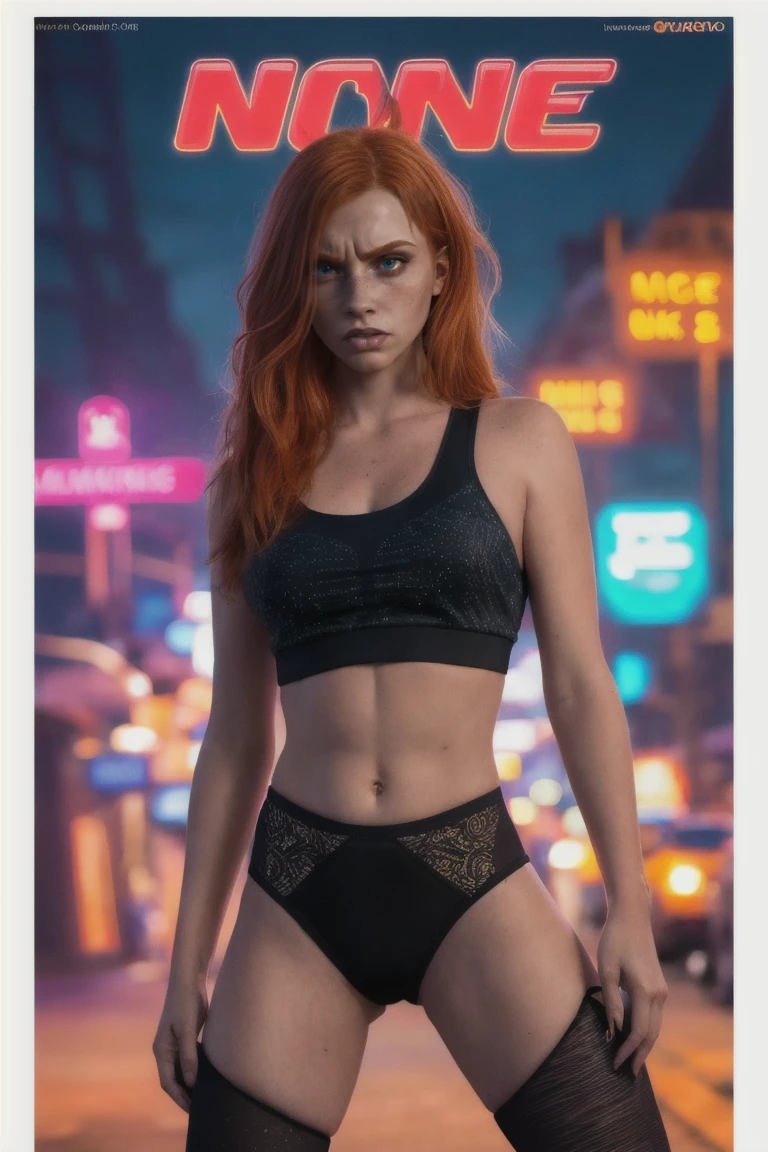 Scarlett Johansson, orange hair, black bikini suit, barefoot, blushing, alleyway, night, hands on hip, high heels, black lipstick, black eyeliner, red faced, flat chested, in bed, large pussy