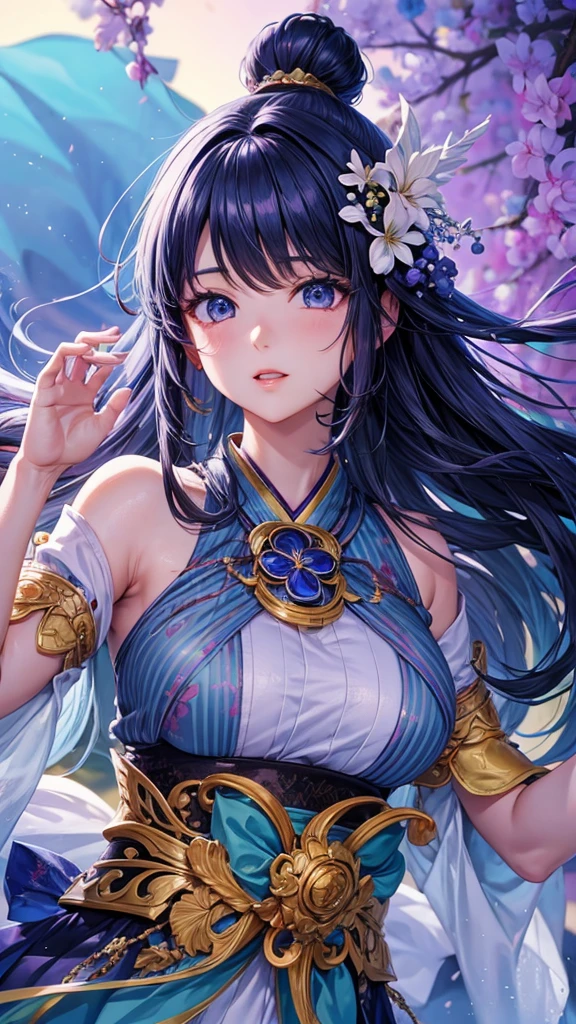 ((worst quality, low-quality)), ((a closeup)), (girl with:1.2), (Big breasts), (A dark-haired, short-cut:1.3), (Dynamic Pose:1.2),plump shiny lips, Beautiful clear eyes, (The best smile), Spoken Heart, (perfect hand:1.2), (purple theme:1.4), (Japanese courtesan girl with:1.3), (Comes with maxi length mauve kimono [yellow] Obi:1.4), (Precise wisteria flower embroidery and fancy patterns: 1.3), (off shoulders:1.4), (geta:1.2), (fancy wisteria flower hair ornament:1.3), ((super huge ribbon:1.2) in front of the waist:1.3), low angle shot, (Bewitching light, rays of moonlight:1.4), (Background of the wisteria trellis:1.2), masutepiece,Best Quality,ultra-detailliert, ​masterpiece,