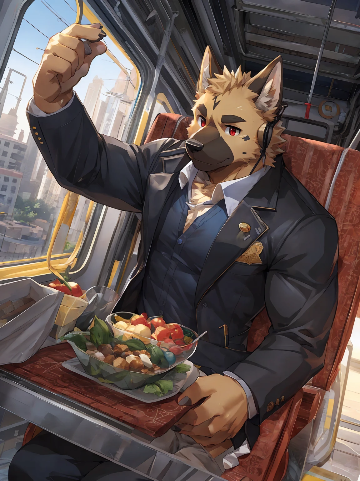 embedding:German Shepherd Dog, male,red eyes,Single person,The side,In the carriage,Look outside,Outside the train is the city.Headset,,Black jacket,The game CG,Illustration,On the train,The highest quality of scene detail,adult,Tall and powerful,muscle，Best quality hands, best quality eye，detailed fur，Delicate eyes.Extreme picture quality，by sollyz,by zixiong,by milkytiger1145