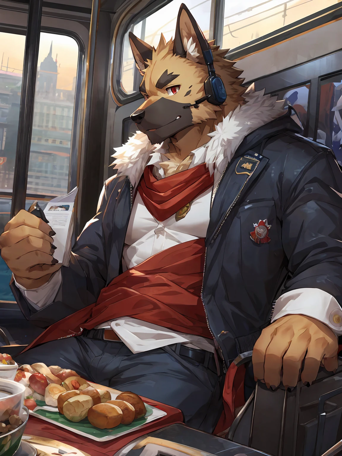 embedding:German Shepherd Dog, male,red eyes,Single person,The side,In the carriage,Look outside,Outside the train is the city.Headset,,Black jacket,The game CG,Illustration,On the train,The highest quality of scene detail,adult,Tall and powerful,muscle,Best quality hands, best quality eye,detailed fur,Delicate eyes.Extreme picture quality,by sollyz,by zixiong,by milkytiger1145