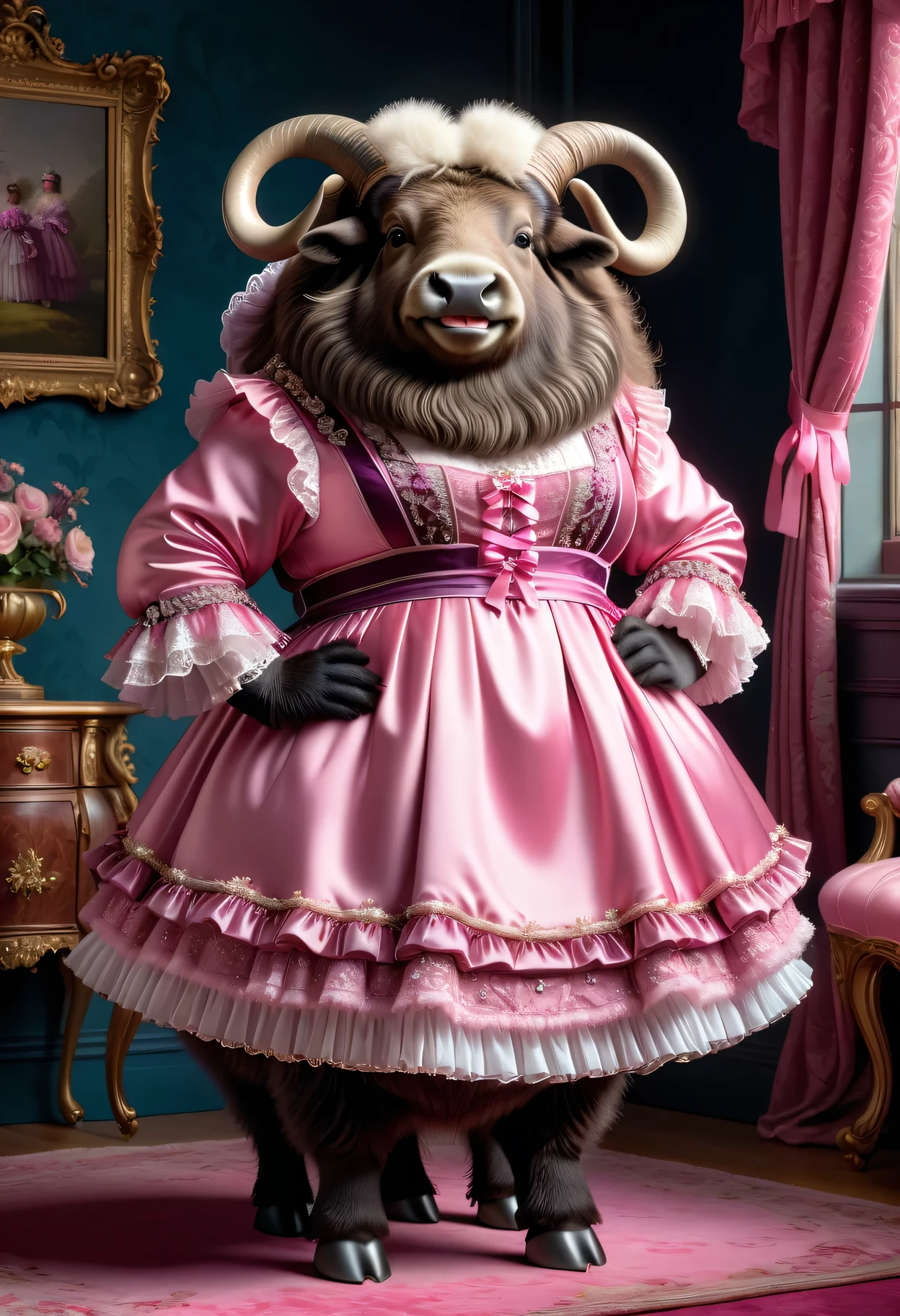 photorealistic portrait of Dressed animals-a ((fat)) ((musk ox)) princess,(furry), (elegant pose:1.5), (hands on hips:1.5),(smile:1.5),high quality,(),(lovely) ,intricate details, Wearing Gothic & Lolita pink dress , ( brim on head), highly detailed ((dress with frills and ribbon)) ,highly detailed accessories, high sox , (happy), soft lighting,(full body image:2.0),in Rococo style room background,,score_9, score_8_up, score_7_up, score_6_up, score_5_up, score_4_up,