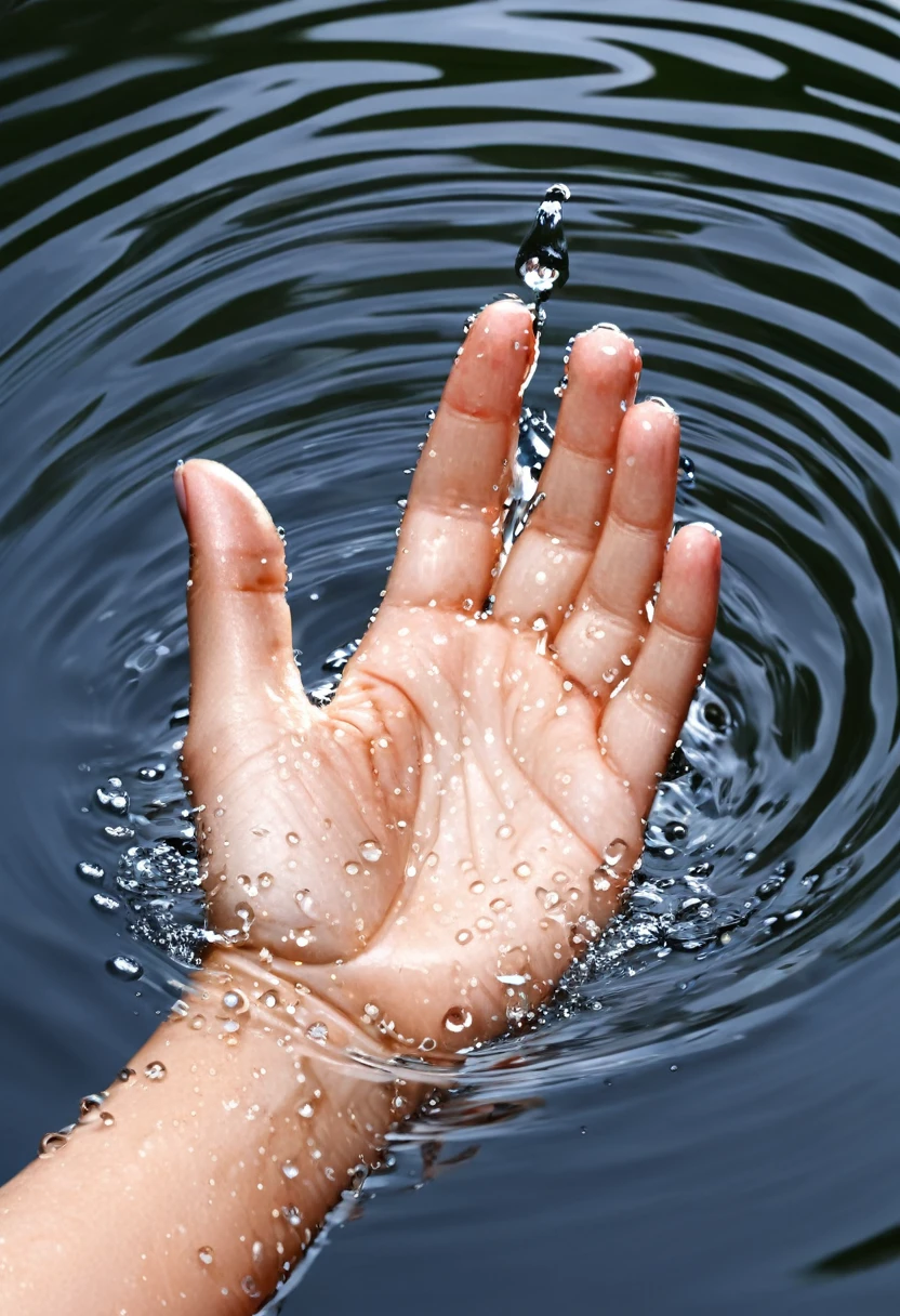 “Create a realistic image of a human hand, palm up, holding water in the palm. The water should appear cool and clear, with drops and reflections that catch the light naturally. Make sure the hand is well lit and the details of the fingers and skin are clear. The image should convey a sense of delicacy and fluidity, with the water standing out against the background to emphasize contrast.”
