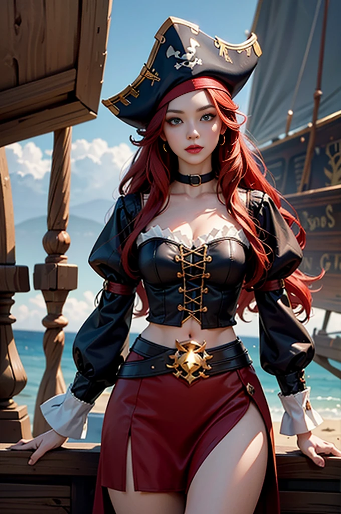 English woman,1girll,Lovely and beautiful Fas,28 year old,Red hair,double tails, Practical pirate clothing, (Long-sleeved pirate top), Skirt,Torn pirate hat, view the viewer, fantasy,(PCinematic lighting,Masterpiece,