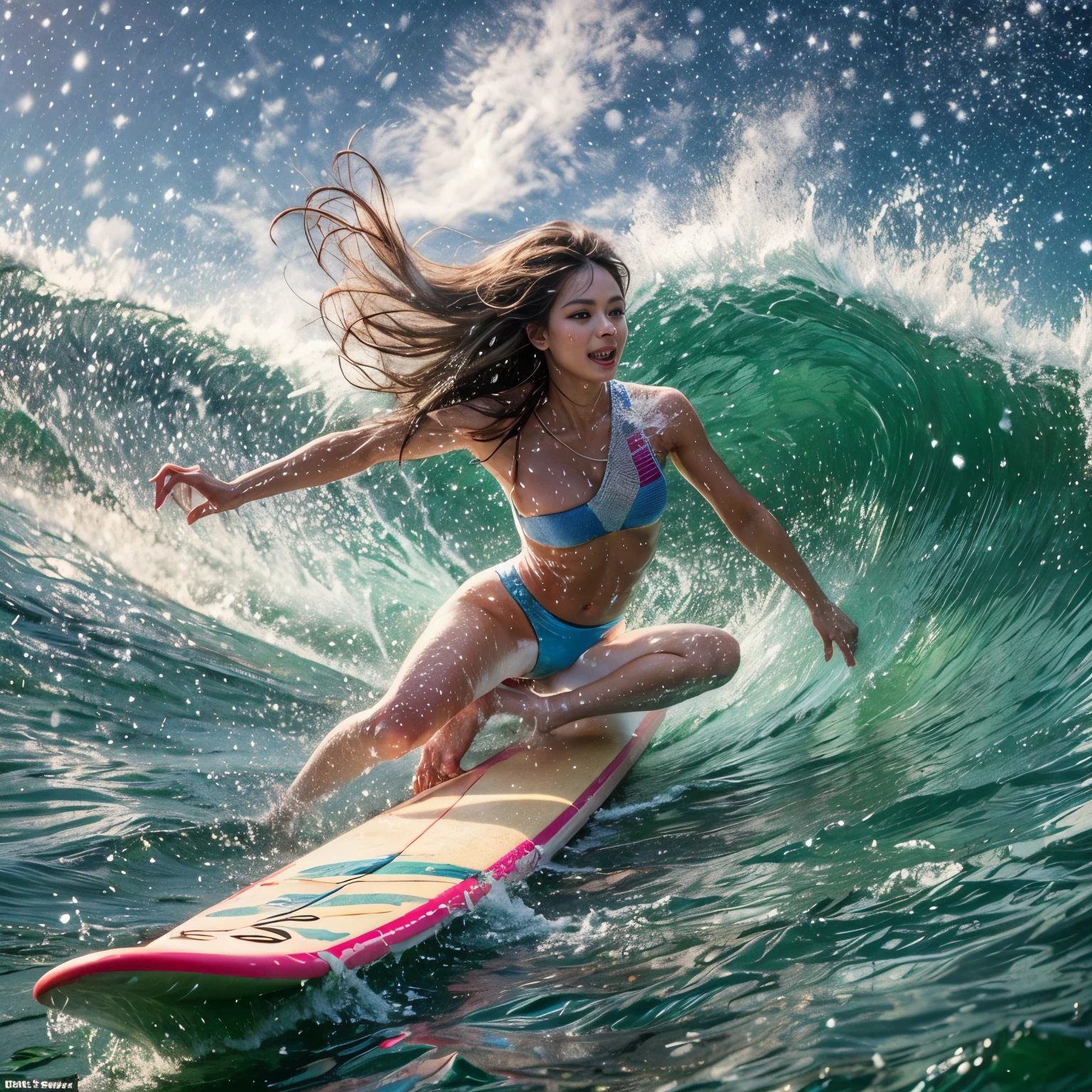 (ZoomedOut:1.28, Wide-shot) ZoomLayer (Epic photo of surfer magazine:1.37). (Full of Water, Everything Wetted:1.4) WetHair (extremely detailed Cute Girl)(SparklingHighlights:1.28), Dynamic Joyful Expressions LifeLike Rendering (ManoErina:1.0) . Overflowing Gigantic Sideboob (Clearly Visible Beautiful Breast to Buttocks Line) Tiny and Roundly Butt, Detailed wet clothing texture, (Sloppy Surfboard:-1.2) Riding on waves, Sparkling water, TyndallEffect(Starry Water Particles:1.32), Whole Body proportions and all limbs are anatomically accurate