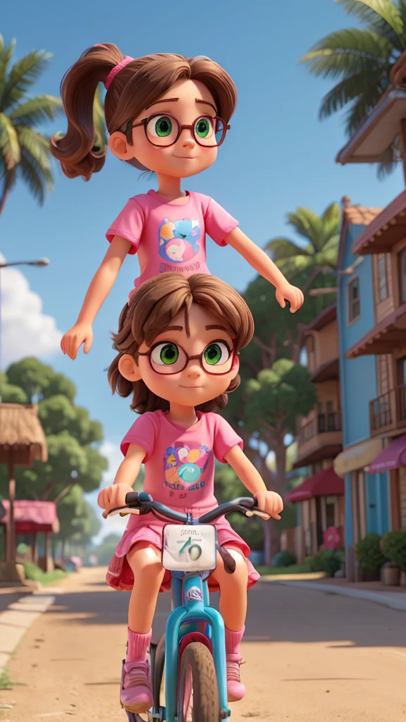 A 9-year-old girl with brown hair in a ponytail, wearing a colorful dress, riding a bicycle, 8-year-old girl with green eyes, pink glasses, denim shorts and a colorful t-shirt standing on the back, bicycling through dirt streets of a coastal city, detailed faces and clothing, vibrant colors, cinematic lighting, photorealistic, 8K, ultra-detailed