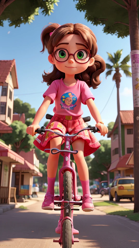 A 9-year-old girl with brown hair in a ponytail, wearing a colorful dress, riding a bicycle, 8-year-old girl with green eyes, pink glasses, denim shorts and a colorful t-shirt standing on the back, bicycling through dirt streets of a coastal city, detailed faces and clothing, vibrant colors, cinematic lighting, photorealistic, 8K, ultra-detailed