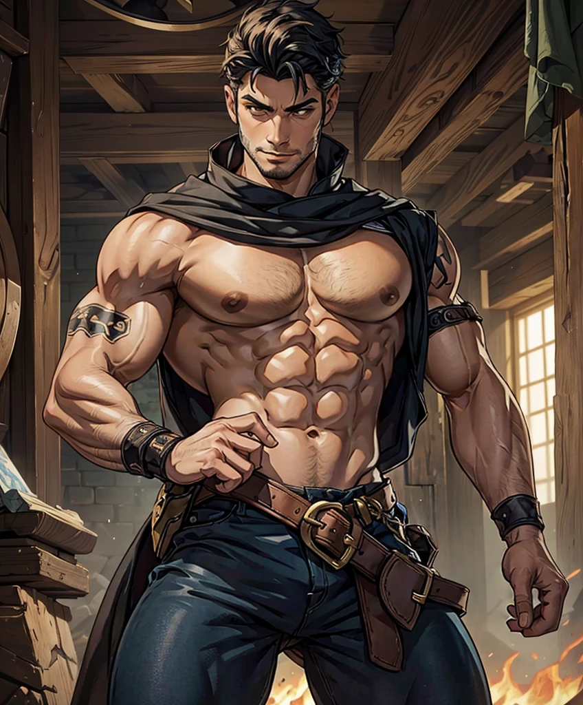 score_9, score_8_up, score_8,  (((Single character image.))) (((1boy))) (((Dressed in medieval fantasy attire.)))   (((This male character is sexy and virile.))) Generate a powerful male warrior for a fantasy setting.  Defined abs.  Pecs focus.  Sexy tattoos.  He should look the part of a powerful, sexy hero who is an epic and powerful fantasy character.  The background to the image is a dark and erotic dungeon.