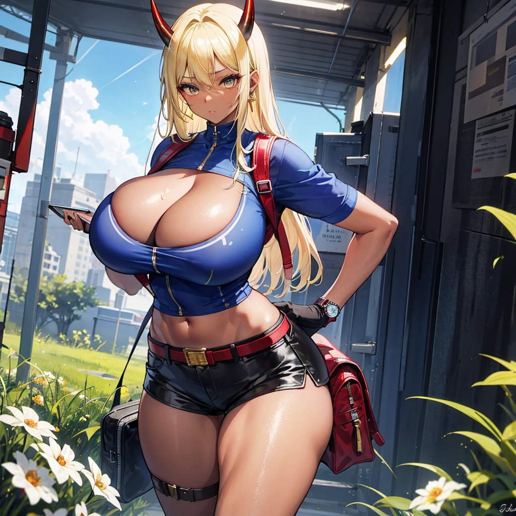 ((best quality)), ((masterpiece)), (detailed), 1girl, 8k_wallpaper, extremely detailed eyes, extremely detailed body, beautiful face, perfect face, detailed ((blonde hair)), (gold eyes), (( big red and blue horns)), {{dark skin}}, ({dark skinned female}), gigantic breasts, thick thighs, strong arm and leg muscles, strong abdominal muscles, Korean girl, dressed in a blue polto with rolled up sleeves, in heavy steel armor of silver color, on a wide red leather belt with gold yarn, hanging a military radio, leather tight shorts, leather gloves with radars and watches, a holster with a pistol hanging on her hip, a large hiking backpack, standing next to a red sci-fi SUV against the backdrop of flowers growing in the grass and a destroyed city,