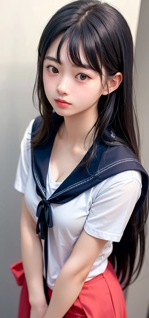 (1 nogizaka girl,15years old face,raw photo,photo realistic:1.5),(best quality, high quality,HDR, highest quality,ultra high resolution,high resolution,high res,ultra high difinition,huge file size,8K,2K wallpaper,8K wallpaper,high quality texture,amazing,an extremely delicate:1.4),one girl, Japanese famous idol,cute face,small face,absurd,ridiculous,incredibly ridiculous,blurry background,(school uniform,sailor suit,shoot from above,short hair,cleavage,no makeup:1.2),medium skin,beautiful skin,detailed skin,black hair,silky hair,black eyes,Japanese nose,5-fingers,(Light Particles, Lens Flare, Luminous Particles: 0.7),looking at viewer,small hands,bright lighting,professional lighting,girl