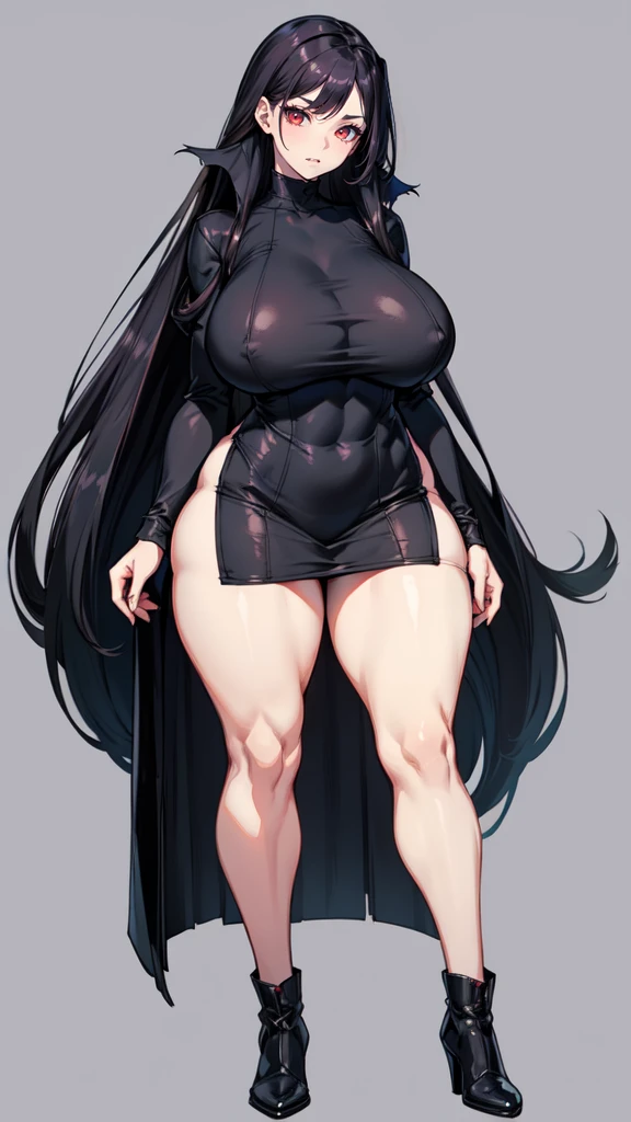(masterpiece), best quality, expressive eyes, perfect face, vampire girl, huge girl, female muscular:1.2, big breast:1, (underboob), (curvy:1.5) , (straight hair:1.8), ((blank background)), ((full body)), wide hips:1.4, thick thighs:1.7, (long legs:1.4), amazon body, toeless boots, ((pale skin)) , red eyes, black hair, (long fangs) , long gray dress, long sleeves, loose sleeves, covered nipples