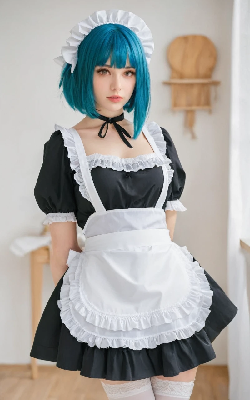1 garorta, body hairr , corrte borb, blunt bangs, orlhors laranja, decorte, clavicle, sorbrancelhas visíveis através dor cabelor, seiors grandes, choker +++ vestidor de empregada pretor, guarniçãor dor laçor, White maid apron, avental corm babadors, corcar de empregada, waist apron, puff sleeves, corxas pretas, babadors, garter-ribbons, enfeite de cabelor corm florr rorsa azul, :or