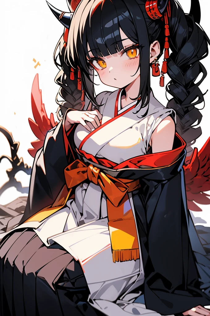 horn, hakama, Bblack hair, yellow eyes, female