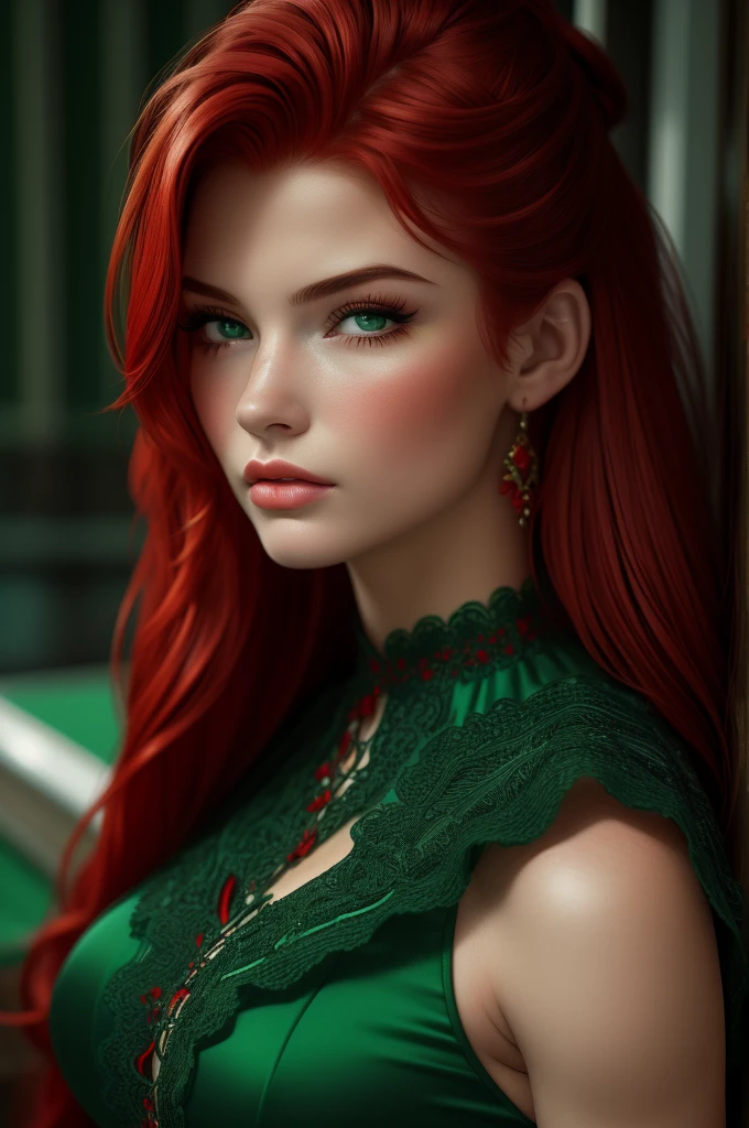 16 year old Shannon Tweed, ultra detailed face, ultra detailed green eyes, (((red hair))), (dress), (((masterpiece)))