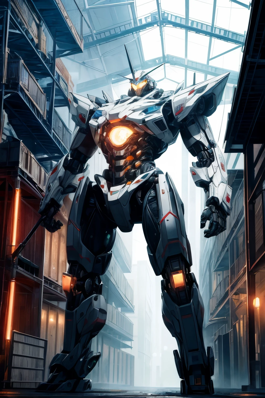 ((masterpiece, best quality)),illustration,ultra detailed 8k,photorealistic,sharp focus,highly detailed,professional lighting,colorful details,iridescent colors BREAK extreme long shot of a factory,largest mechanical robot man construction like very futuristic shapes,microchip,computer,glowing,intricate details,shitu-mecha is standing in front of the audience,Navel