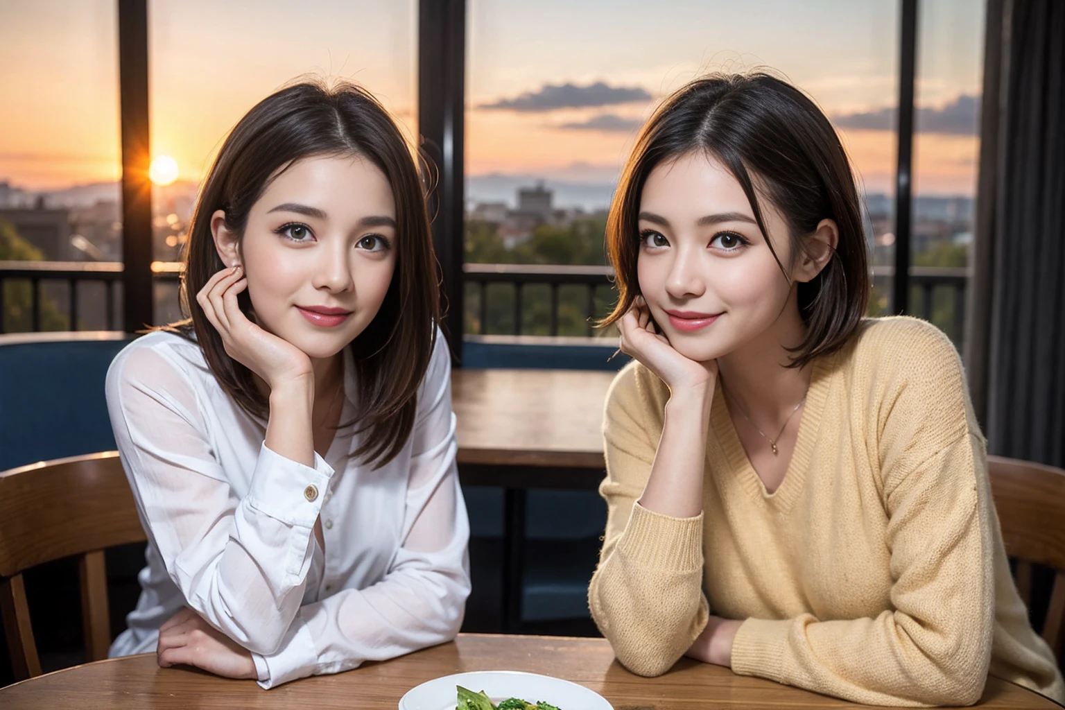 (Realistic:1.2),(masterpiece,Highest quality),8k,((men and women)),Age 35,37 years old、最高のsmile、Happy couple, Full course dinner at the table、wine 、wineグラス、白wine、スパークリングwine、赤wine、Upper Body、Tight waist,Perfect Anatomy, Brown Hair, short hair,Random Hairstyles,Amazing view of the sunset sky and clouds、Long sleeve shirt、dress,((Highly detailed face and eyes:1.2))(Cute Face:1.4),Beautiful actress face,Perfect golden ratio face,woman'suit、Nice,(smile:1.2)、