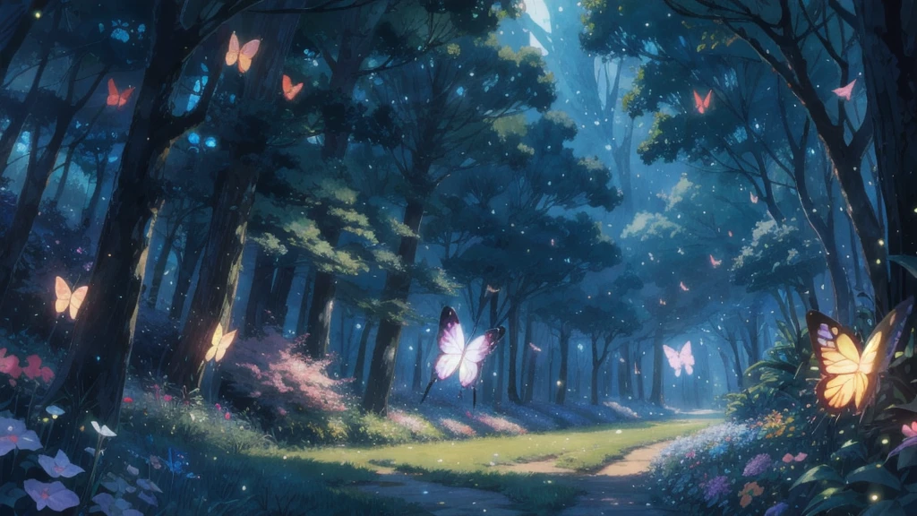 Studio ghibli, enchanted landscapes with lights , butterflies, fireflies, etc
