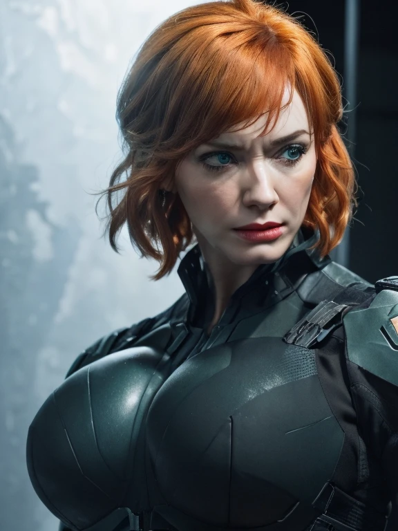 Imagine Christina Hendricks as a Metal Gear Solid character, powerful female character, short wavy orange hair and bright blue eyes, 48 years old, high-quality face study of Christina Hendricks, buxom chested, deep cleavage, (Christina's sculpted cheekbones and slight wrinkles around the face), mascara, eyeshadow, red lipstick, plump lips, intricate high-quality study of Christina Hendricks buxom physique, striking and mature facial features, agile and athletic build, (Wearing: Fingerless Gloves, skin-tight suit, black and green stealth suit, cleavage cutout, utility belt, metallic armlets, armored boots, gun holsters), The suit is so tight that Christina Hendricks breasts barely fit in it, The suit emphasizes her stealth and combat prowess. Stealthy and formidable presence of the character, hyper-realistic rendering to capture every minute detail, showcasing the mastery of digital portrait artistry, ultimate photorealistic quality, highly detailed facial expression showcasing the determination and strategy of the character, subtle hints of high-tech and militaristic elements reflecting the true essence of the Metal Gear Solid universe, vibrant colors with deep gray’s and contrasting cool tones, creating a visually striking and captivating portrait.
