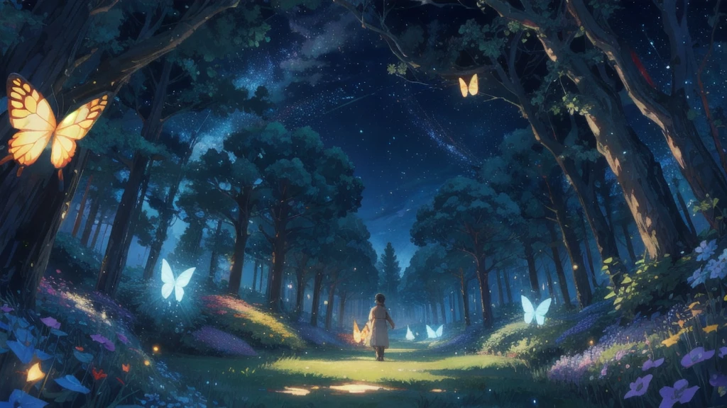 Studio ghibli, enchanted landscapes with lights , butterflies, fireflies, etc
