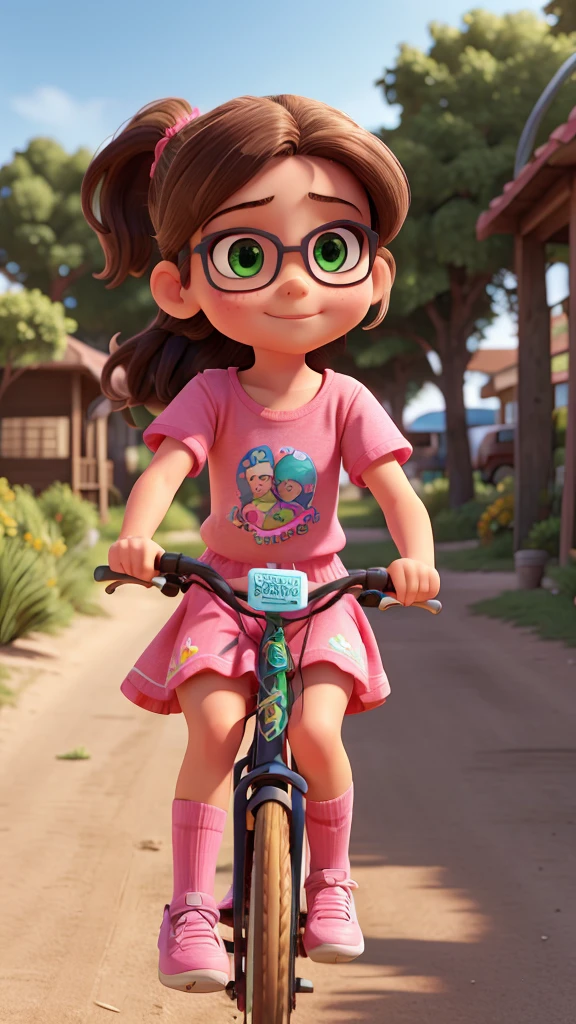 A with brown hair in a ponytail, wearing a colorful dress, riding a bicycle, 8-year-old girls, pink glasses, denim shorts and a colorful t-shirt standing on the back, bicycling through dirt streets of a coastal city, detailed faces and clothing, vibrant colors, cinematic lighting, photorealistic, 8K, ultra-detailed