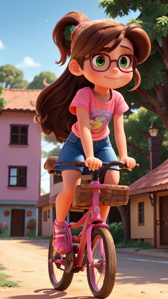 A with brown hair in a ponytail, wearing a colorful dress, riding a bicycle, 8-year-old girls, pink glasses, denim shorts and a colorful t-shirt standing on the back, bicycling through dirt streets of a coastal city, detailed faces and clothing, vibrant colors, cinematic lighting, photorealistic, 8K, ultra-detailed