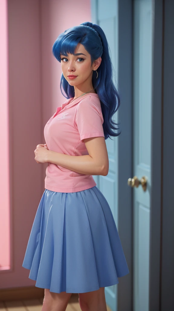 Close -up,a woman in a blue skirt and pink shirt standing in a room, in style of disney animation, disney character style, photorealistic disney, disney character, in style of disney pixar, as a pixar character, animated film, stylized as a 3d render, animation character, diseny animation style, animated movie, disney render, animation style render, movie character