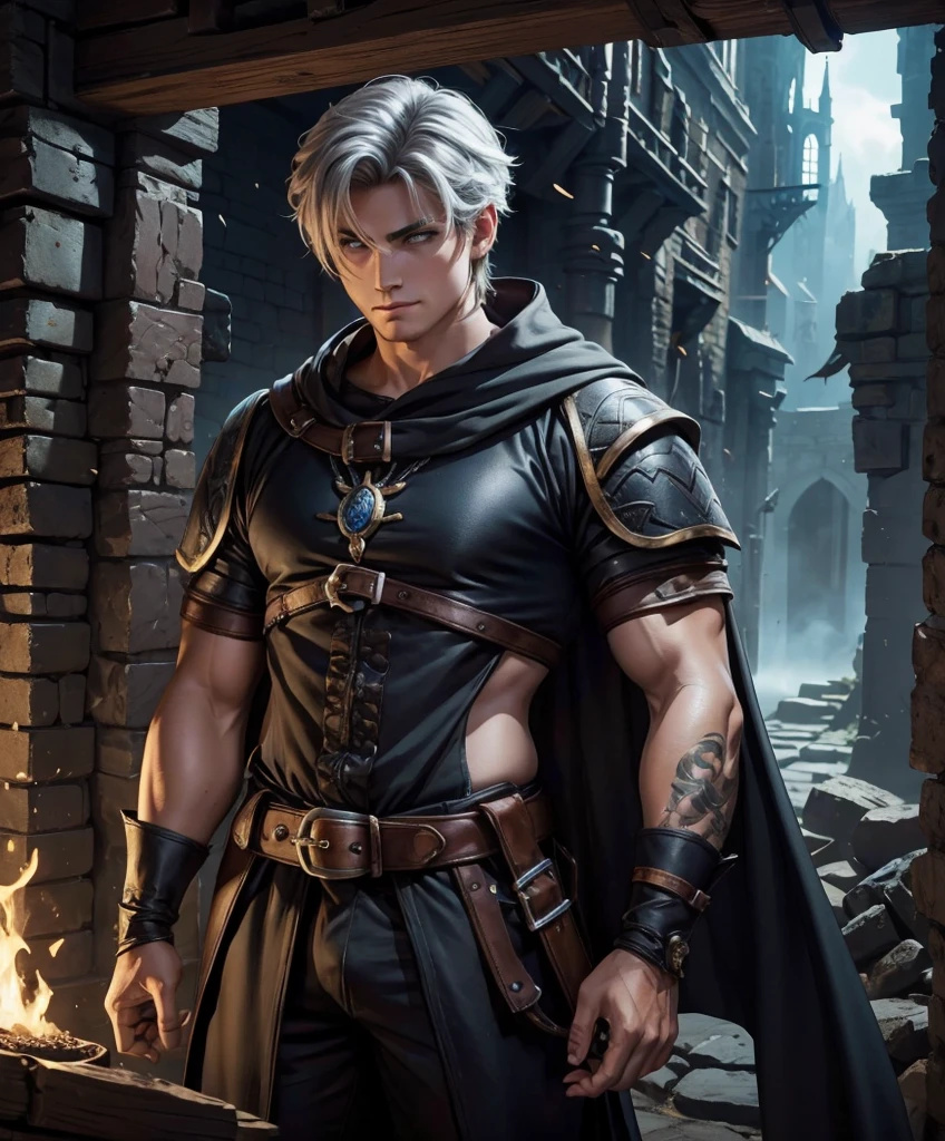 score_9, score_8_up, score_8,  (((Single character image.))) (((1boy))) (((Dressed in medieval fantasy attire.)))   (((This male character is sexy and virile.))) Generate a powerful male warrior for a fantasy setting.  Defined abs.  Pecs focus.  Sexy tattoos.  He should look the part of a powerful, sexy hero who is an epic and powerful fantasy character.  The background to the image is a dark and erotic dungeon.