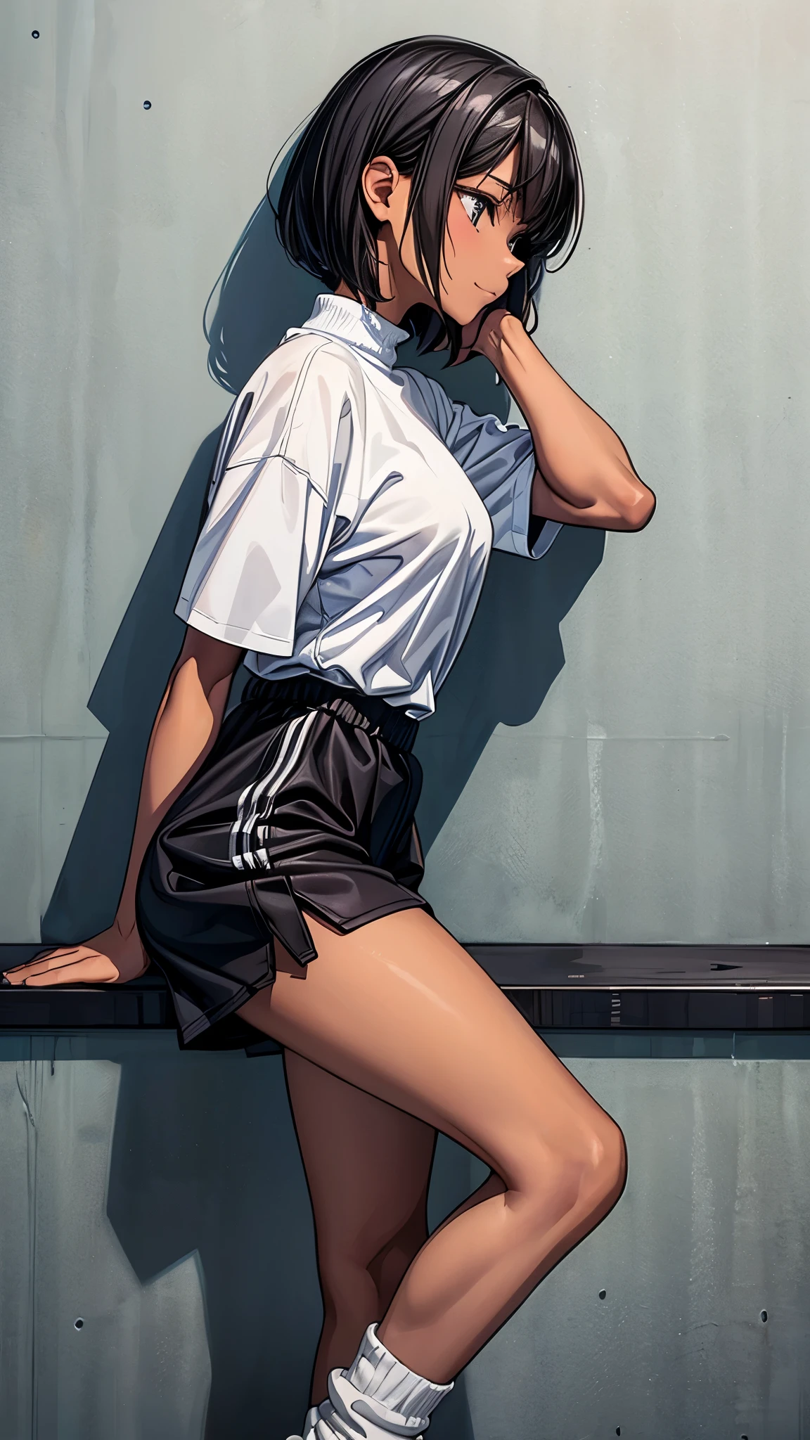 ((From above2.0,from side)),((Face focus2.0)),,Inside the sports gym,inside the dance studio,((sitting,extend her left leg)),One 16 years old girl,sweat,(dark skin color),short black hair,seductive smile,high-neck-leotard,((loose socks2.0)),((loose socks2.0)),sneaker,elbow pads,knee pads.