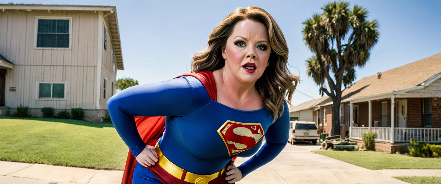 Texas; Sexy super old Melissa McCarthy em 2024 Supergirl 1985s costume; HD. Photograph, ((realism)), extremely high quality RAW photograph, ultra detailed photograph, sharp focus, high resolution, (detailed skin:1,3),high quality, film grain, Fujifilm XT3,Highly Detailed, movie, (Cinematic Photo:1.3) of (Realistic:1.3), by John Byrne