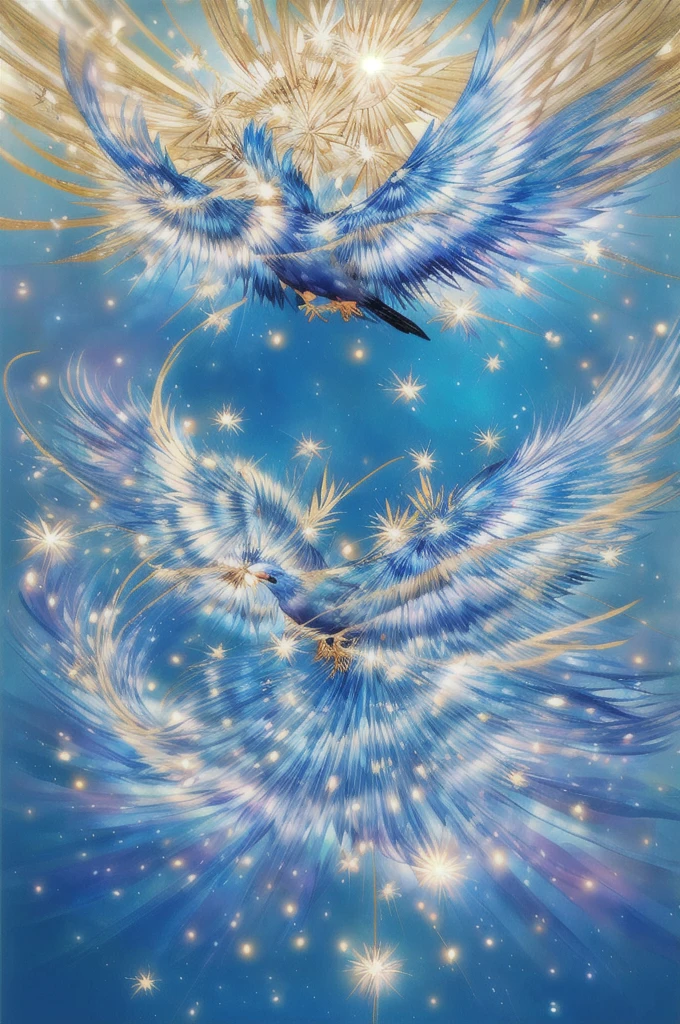 Blue Suzaku、blue bird 、Blue Phoenix、Large wings、Bright light、There is a lot of light overall、大きいblue bird 、Beautiful feathers、Flying Upwards、god々Shii、solo, Sparkle Effect, Daytime、sun、One animal、Yellow Background、Gold Background、