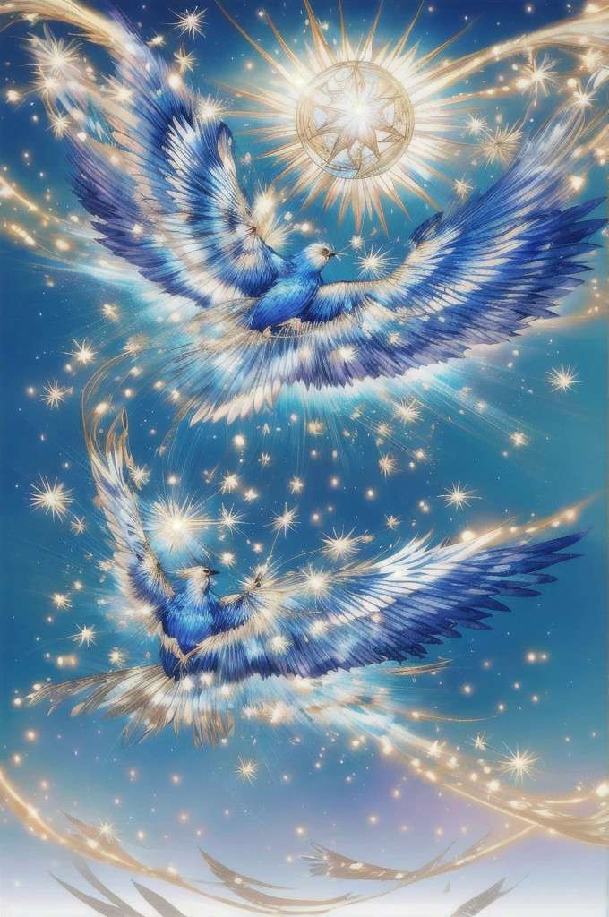 Blue Suzaku、blue bird 、Blue Phoenix、Large wings、Bright light、There is a lot of light overall、大きいblue bird 、Beautiful feathers、Flying Upwards、god々Shii、solo, Sparkle Effect, Daytime、sun、One animal、Yellow Background、Gold Background、