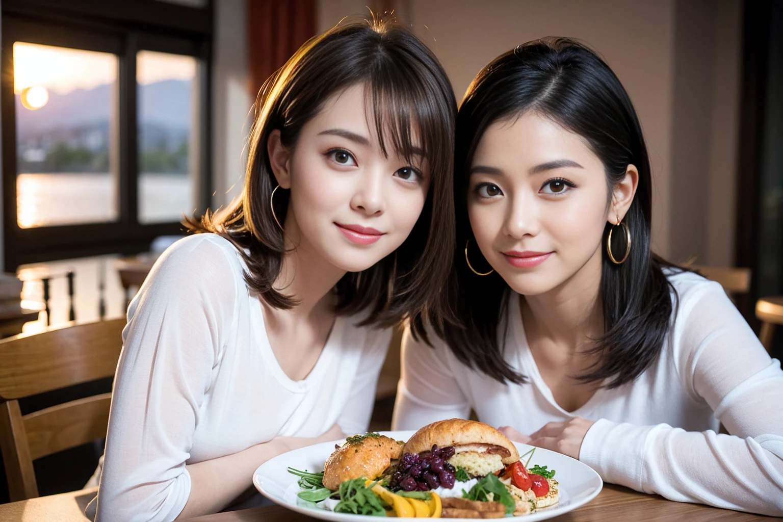 (Realistic:1.2),(masterpiece,Highest quality),8k,((men and women)),Age 35,37 years old、最高のsmile、Happy Couple, Full course dinner at the table、Wine Party、wine glass、White wine、sparkling wine、red wine、Upper Body、Tight waist,Perfect Anatomy, Brown Hair, short hair,Random Hairstyles,Amazing view of the sunset sky and clouds、Long sleeve shirt、dress,((Highly detailed face and eyes:1.2))(Cute Face:1.4),Beautiful actress face,Perfect golden ratio face,woman'suit、Nice,(smile:1.2)、