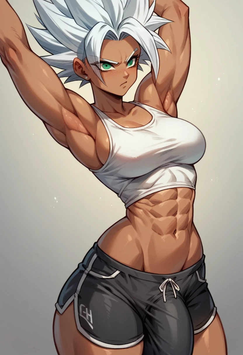 1futa, Saiyan, spiked white hair, green eyes, slim, thin waist, wide hips, dark skin, medium breasts,with black shorts, white tank top,huge dick , your huge dick would be stretching your clothes, huge dick marking your clothes
