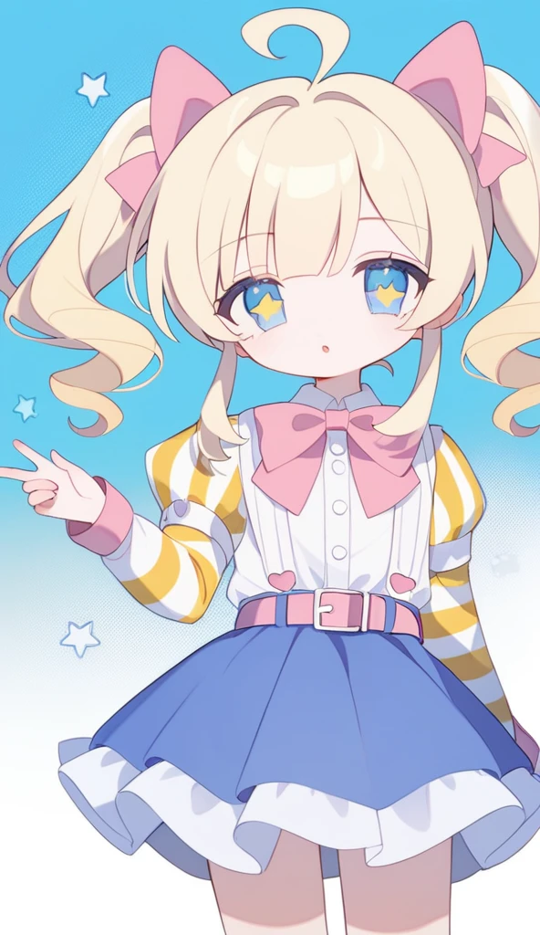 1girl,solo,core_9,score_8_up,score_7_up,Expressiveh,rating_safe,(masterpiece, best quality), light blonde hair,lomg hair,mini side pigtails,kight pink bow,big blue eyes,star shaped pupils,baby blue skirt with pink belt,yellow striped pastel shirt,