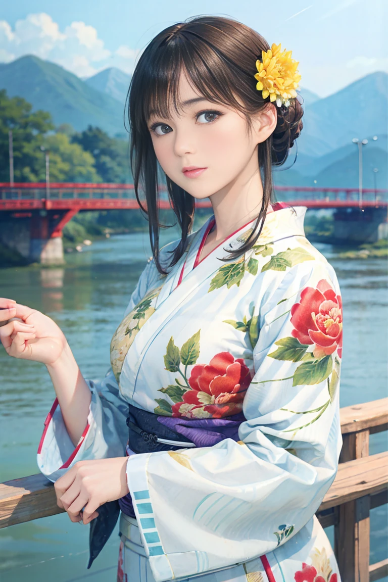 (Highest quality、 8k 、masterpiece、High resolution)、(whole body)、Vibrant colors、Brown-black bob、Traditional round topknot、Ample breasts、(Highly detailed face and eyes、Beautiful Face、Beautiful Eyes、Beautiful nose、Pretty lips)、 (Beautiful woman standing on a riverside observation deck)、(Vivid floral patterned kimono)、Official Art、  The background is a wide river、Nearby bridge、Riverside streetscape、Mountains in the distance、Detailed CG、