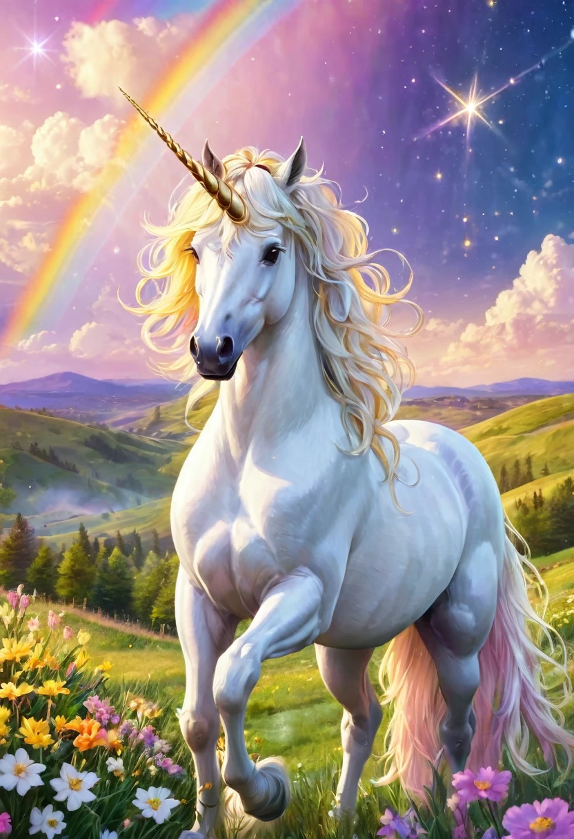 A white unicorn under a pastel rainbow sky, a clear and fresh beautiful spring nearby, Pegasus with standing golden hair, a sacred and beautiful hill, flowers, clouds, shooting stars, fine lights. grain, perfect lighting